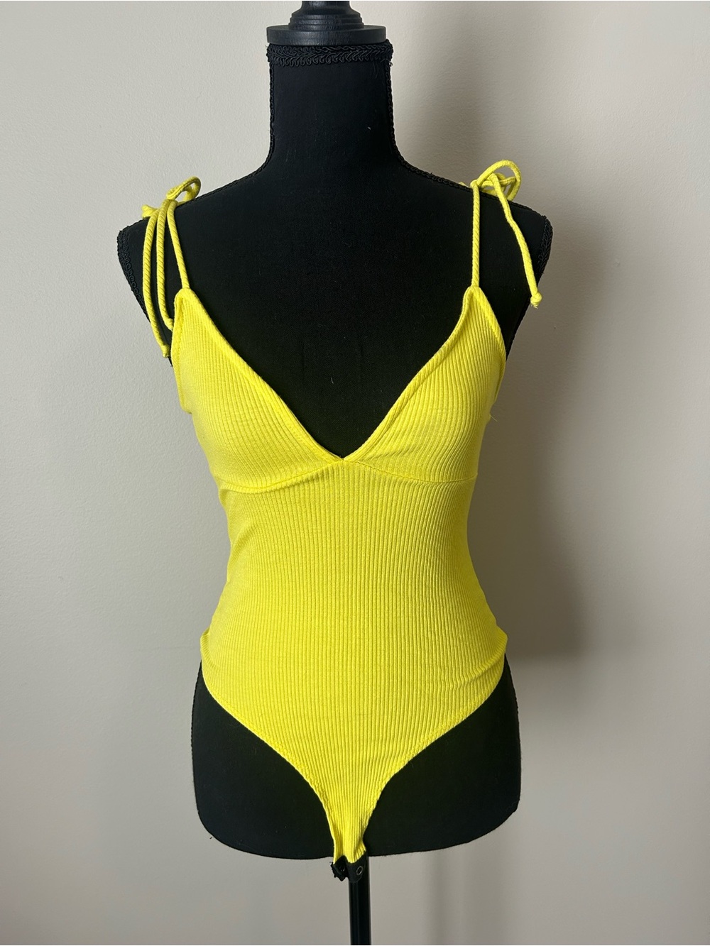 Fashion Nova Neon Yellow Ribbed Tie Strap Bodysuit Small